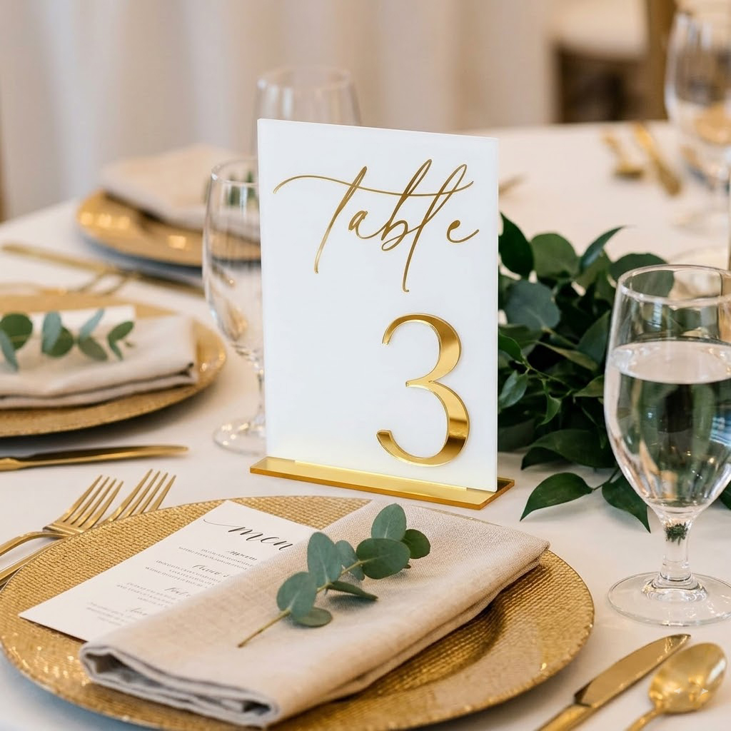 Table Number Gold - 1-10 Düğün Masa Numaraları Standlı, Beyaz
