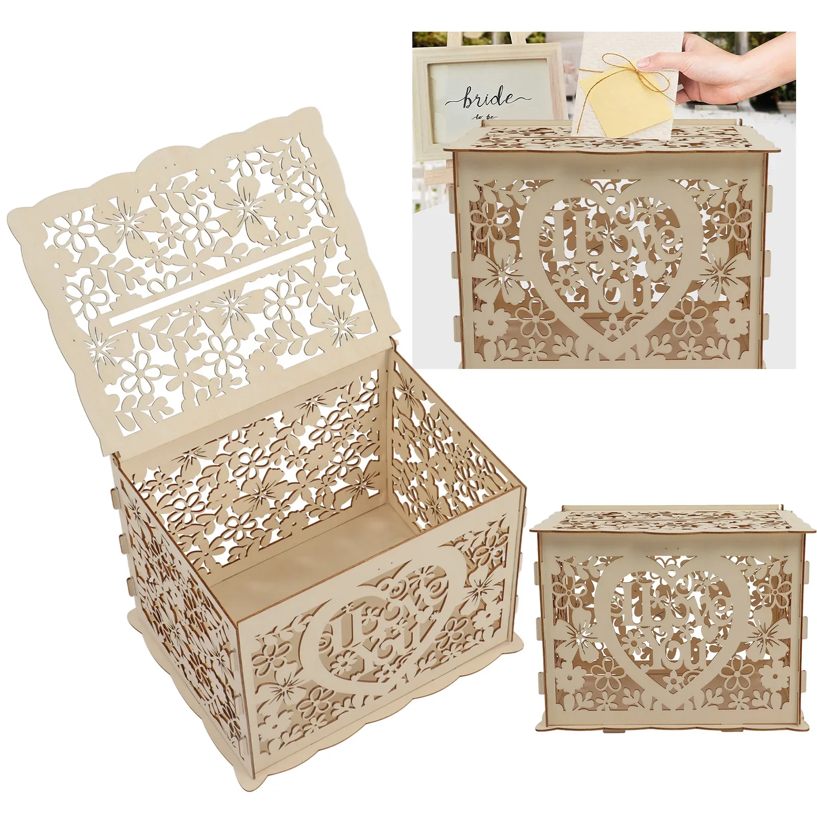 Wedding Card Box - DIY Hollow ahşap kutu hediye kartı